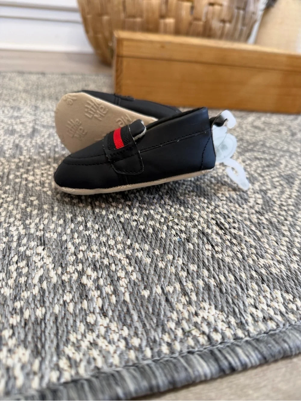 New Little Me Baby Boy Dress Shoes Black Loafers with Red Stripe 6-12 Months 2/3